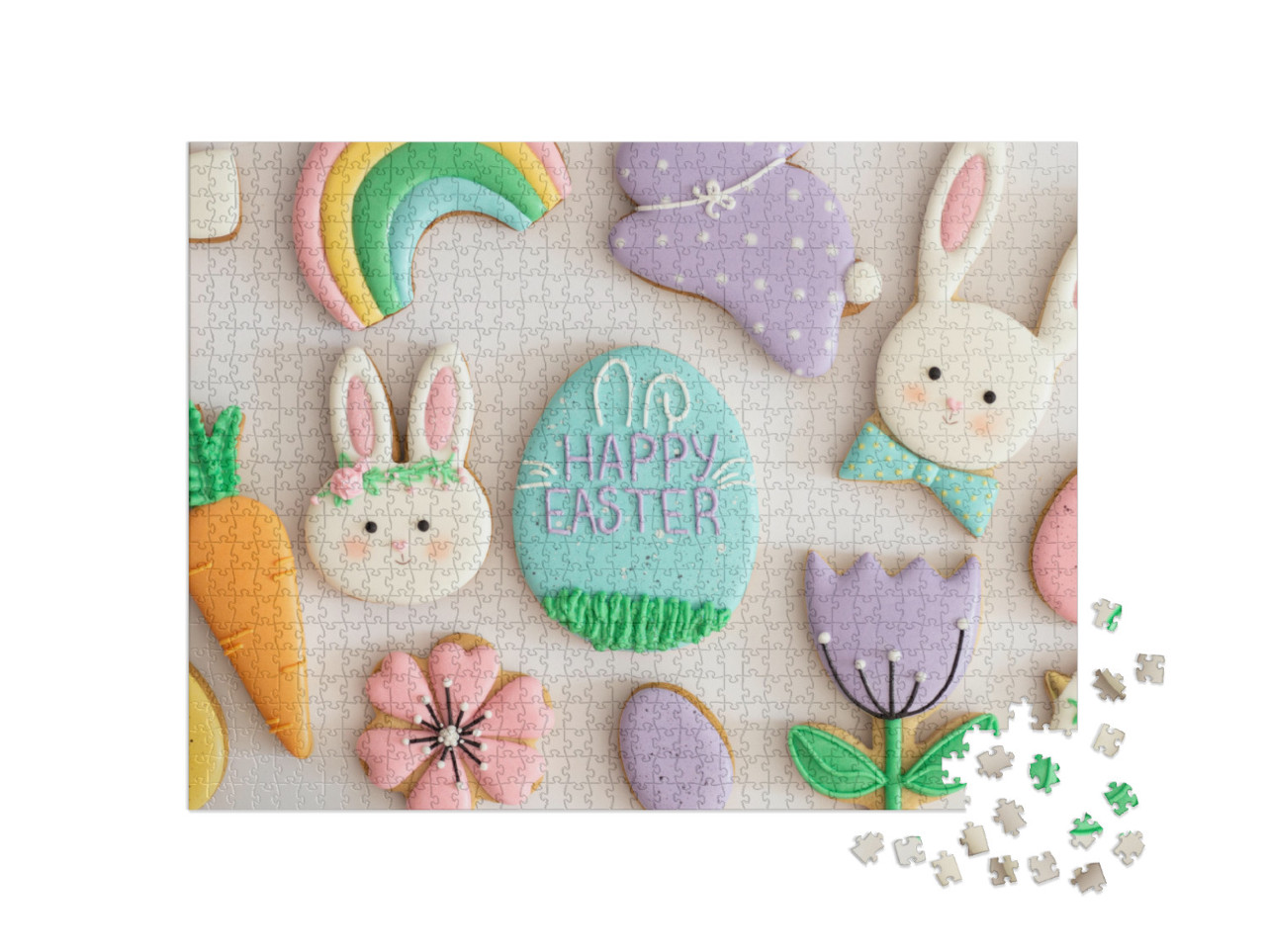 Happy Easter. Multicolored Pastel Easter Cookies on a Whi... Jigsaw Puzzle with 1000 pieces