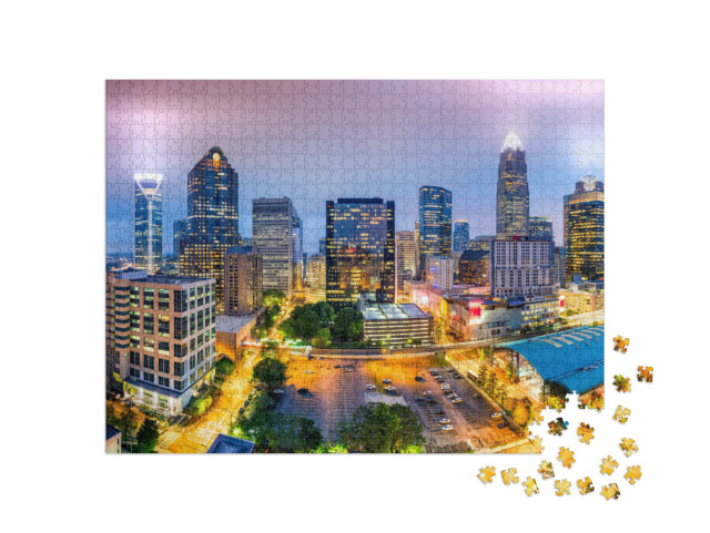 Aerial View of Charlotte, Nc Skyline on a Foggy Evening... Jigsaw Puzzle with 1000 pieces