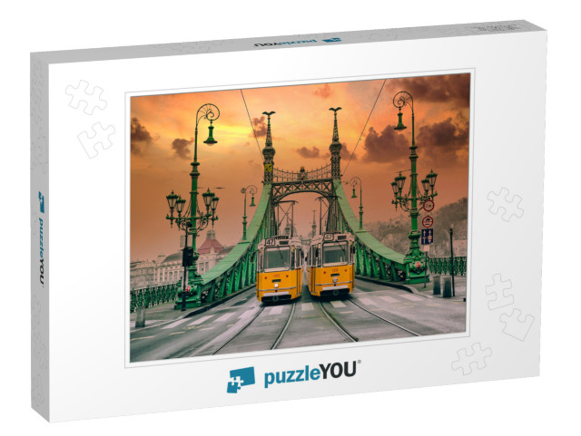 Two Old Yellows Trams on the Liberty Bridge in Budapest... Jigsaw Puzzle