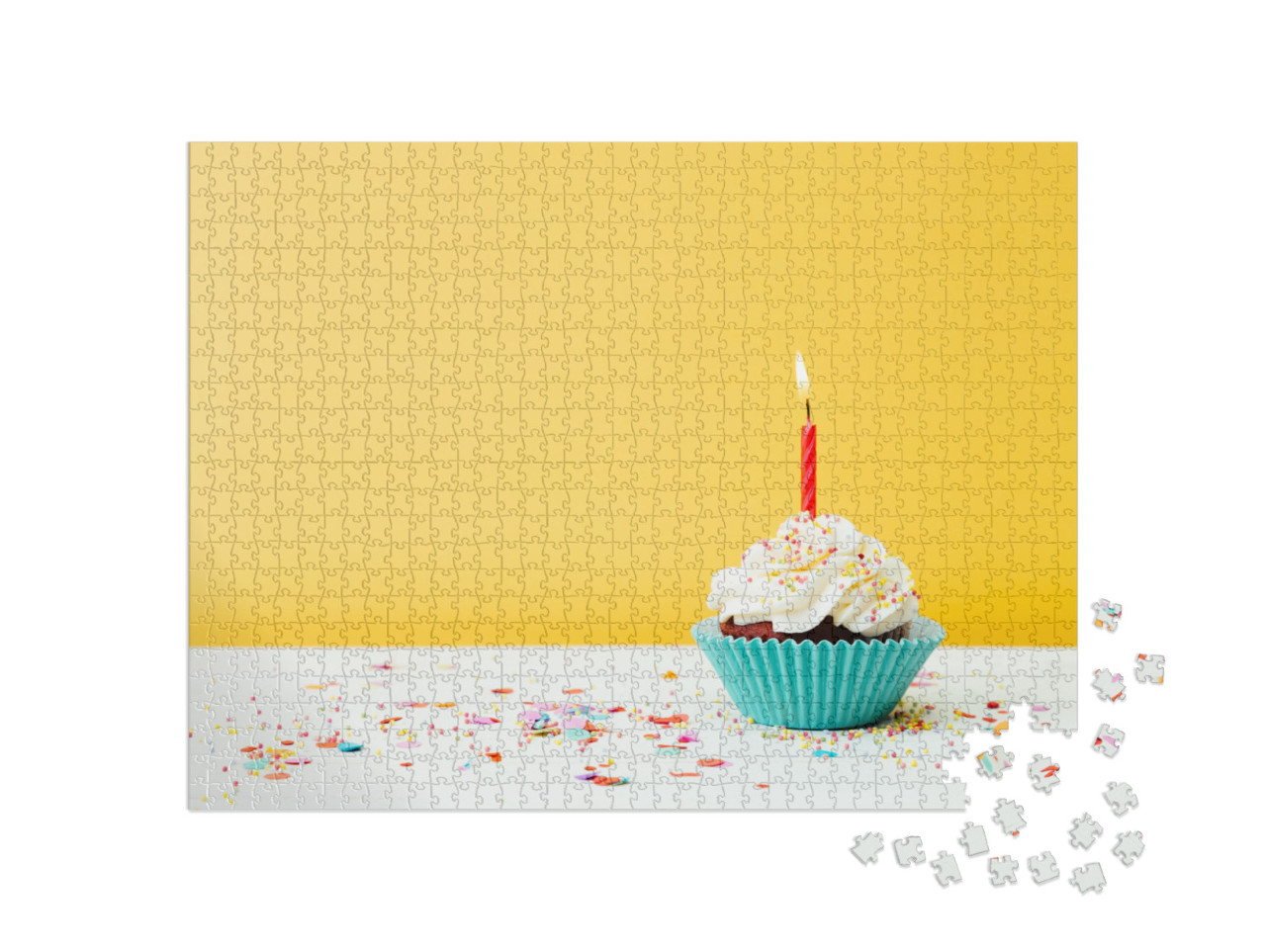 A Colorful Birthday Cupcake with One Candle & Confetti on... Jigsaw Puzzle with 1000 pieces