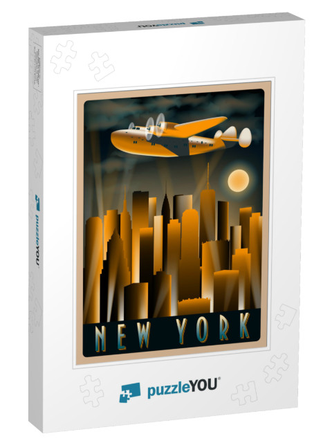 Airplane in the Sky Over New York At Night. Handmade Draw... Jigsaw Puzzle