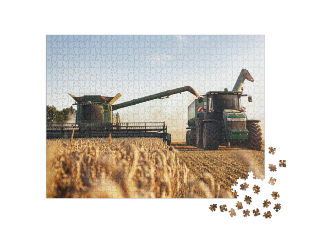 Combine Harvester & a Tractor Working on a Wheat Field... Jigsaw Puzzle with 1000 pieces