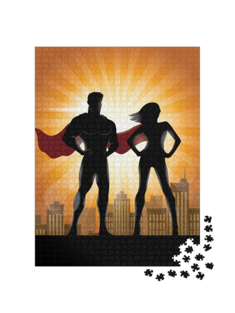 Superhero Couple Silhouette with City Skyline Background... Jigsaw Puzzle with 1000 pieces