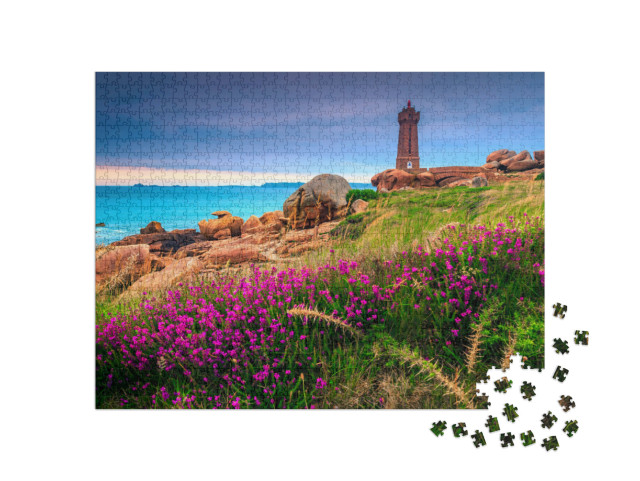 Beautiful Stone Lighthouse & Colorful Pink Flowers At Sun... Jigsaw Puzzle with 1000 pieces