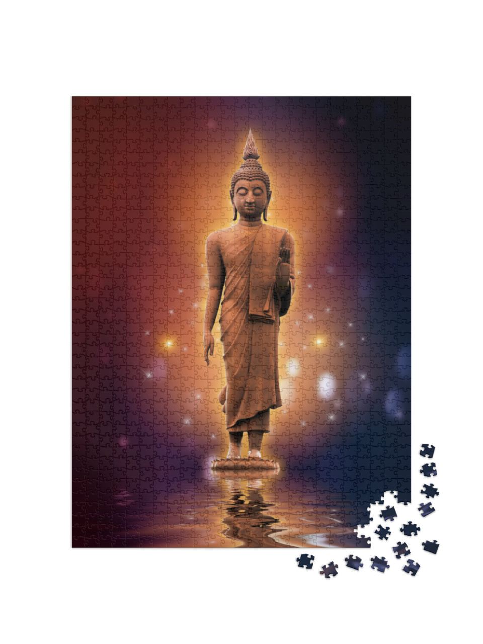 Buddha Statue on Water Gold Background Purple Color Blue... Jigsaw Puzzle with 1000 pieces