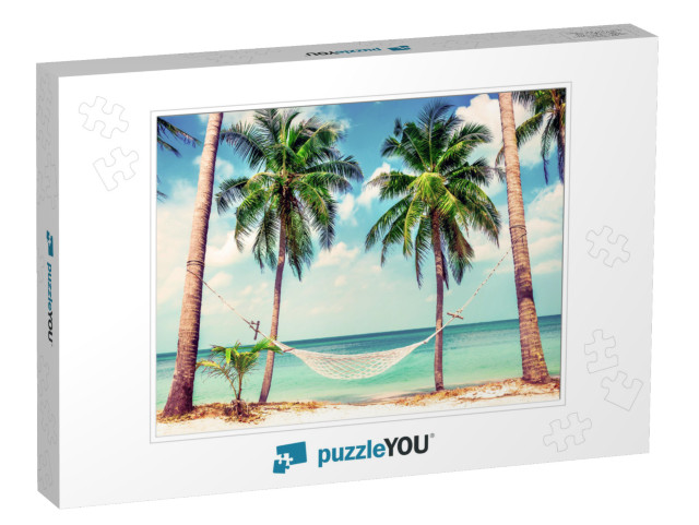 Beautiful Beach. Hammock Between Two Palm Trees on the Be... Jigsaw Puzzle