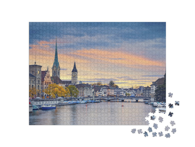 Zurich. Image of Zurich, Switzerland During Autumn Sunset... Jigsaw Puzzle with 1000 pieces