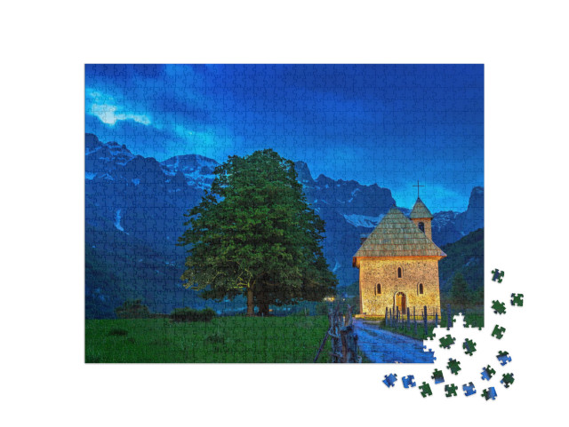 Church in the Thethi Village & Snow Capped Mountains, At... Jigsaw Puzzle with 1000 pieces