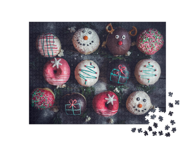 Homemade Christmas Decoration on Donuts Served on Wooden... Jigsaw Puzzle with 1000 pieces