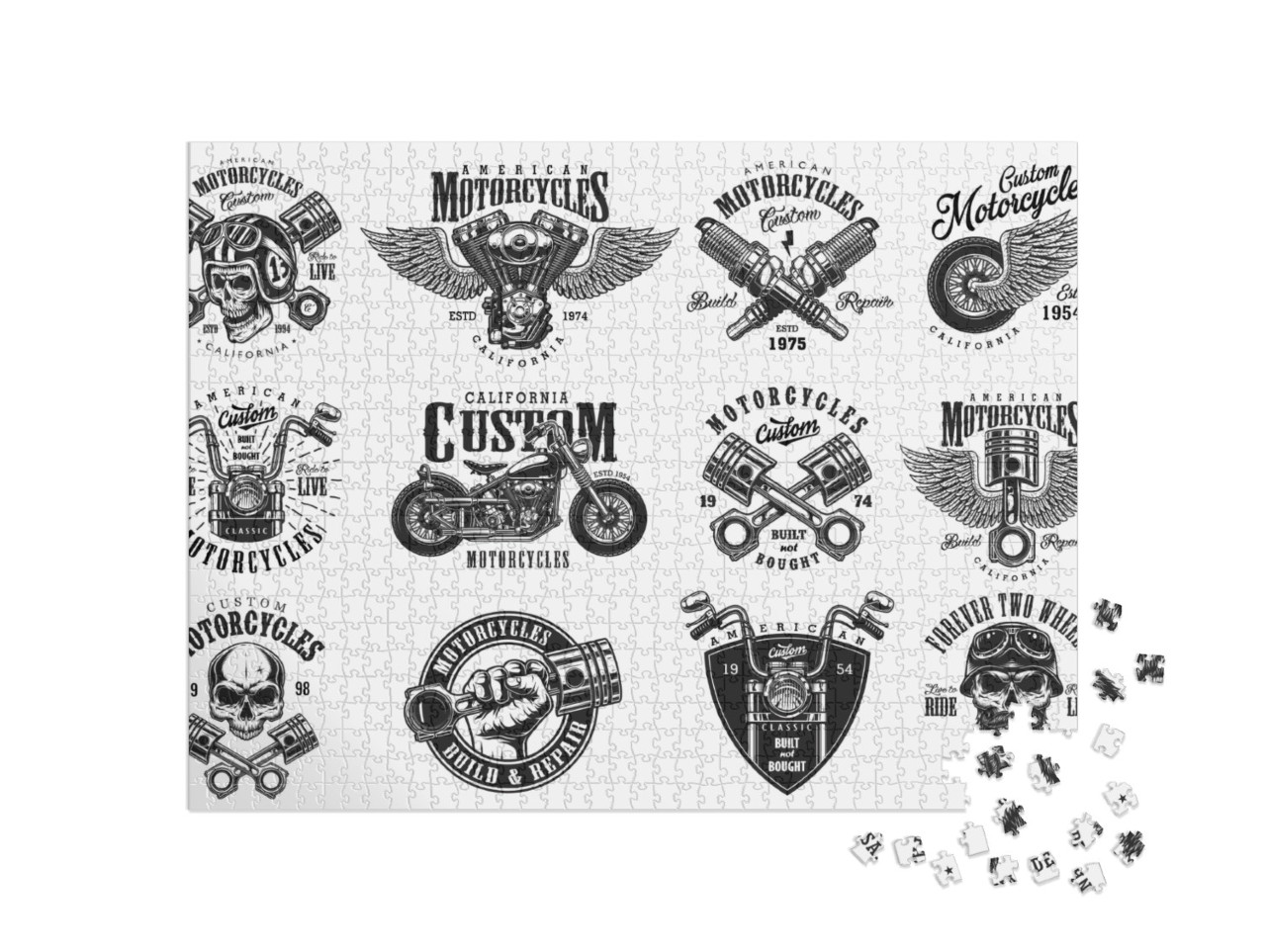 Set of Vintage Custom Motorcycle Emblems, Labels, Badges... Jigsaw Puzzle with 1000 pieces