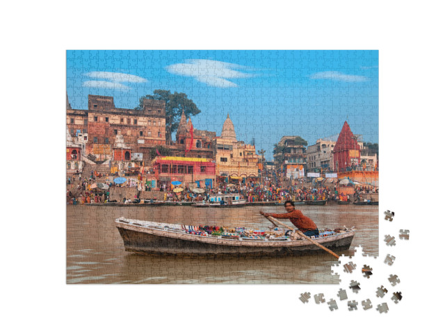 A View of Holy Ghats of Varanasi with a Boatman Sailing... Jigsaw Puzzle with 1000 pieces