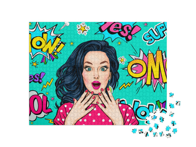 Surprised Woman on Pop Art Background. Advertising Poster... Jigsaw Puzzle with 1000 pieces