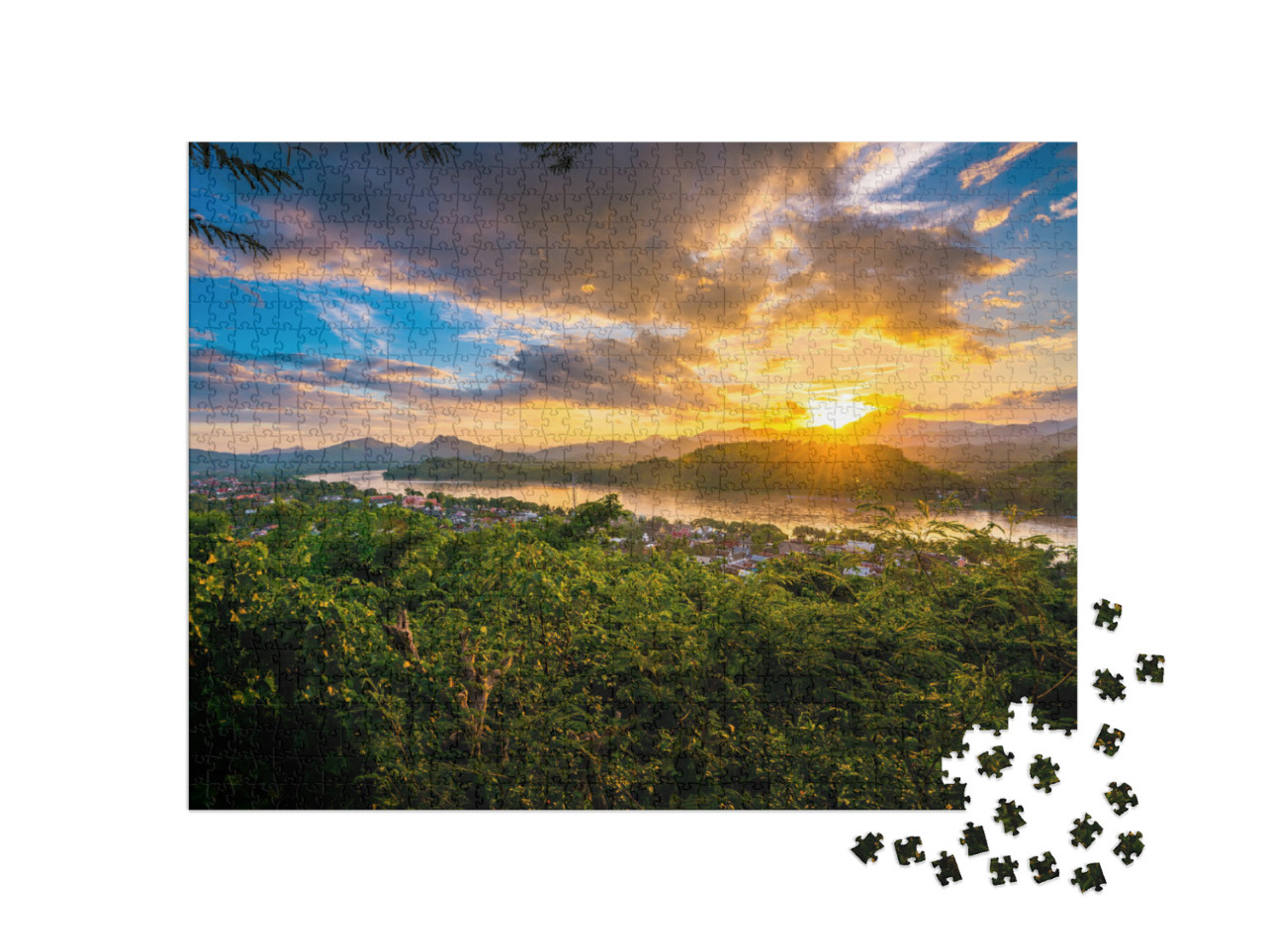 Gorgeous & Dramatic Sunset Blue Hour At Mount Phousi in L... Jigsaw Puzzle with 1000 pieces