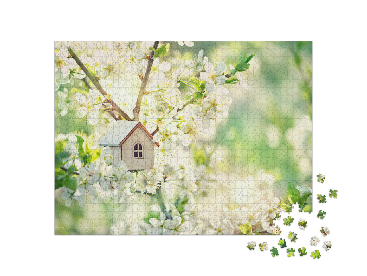 Toy House & Cherry Flowers. Spring Natural Background. Co... Jigsaw Puzzle with 1000 pieces