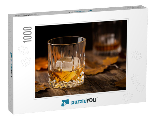 Glass of Scotch Whiskey & Ice on Wooden Background with A... Jigsaw Puzzle with 1000 pieces