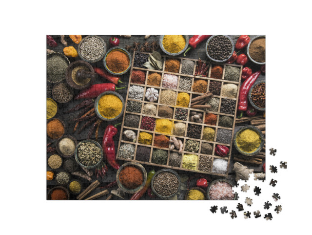 Variety of Wooden Box, Spices & Herbs on Kitchen Table... Jigsaw Puzzle with 1000 pieces