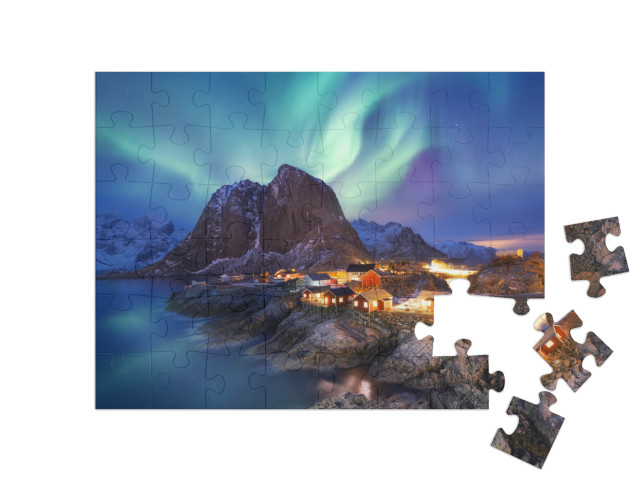 Aurora Borealis on the Lofoten Islands, Norway. Green Nor... Jigsaw Puzzle with 48 pieces