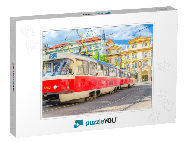 Typical Old Retro Vintage Tram on Tracks Near Tram Stop i... Jigsaw Puzzle