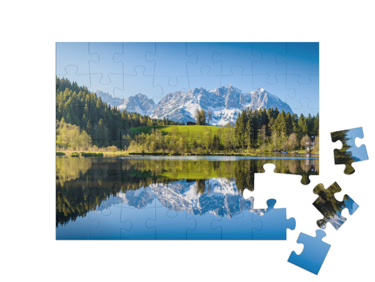 Idyllic Alpine Scenery, Snowy Mountains Mirroring in a Sm... Jigsaw Puzzle with 48 pieces