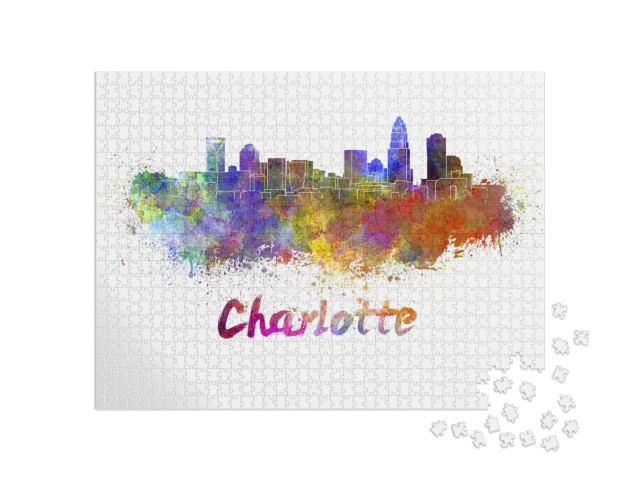 Charlotte Skyline in Watercolor Splatters with Clipping P... Jigsaw Puzzle with 1000 pieces