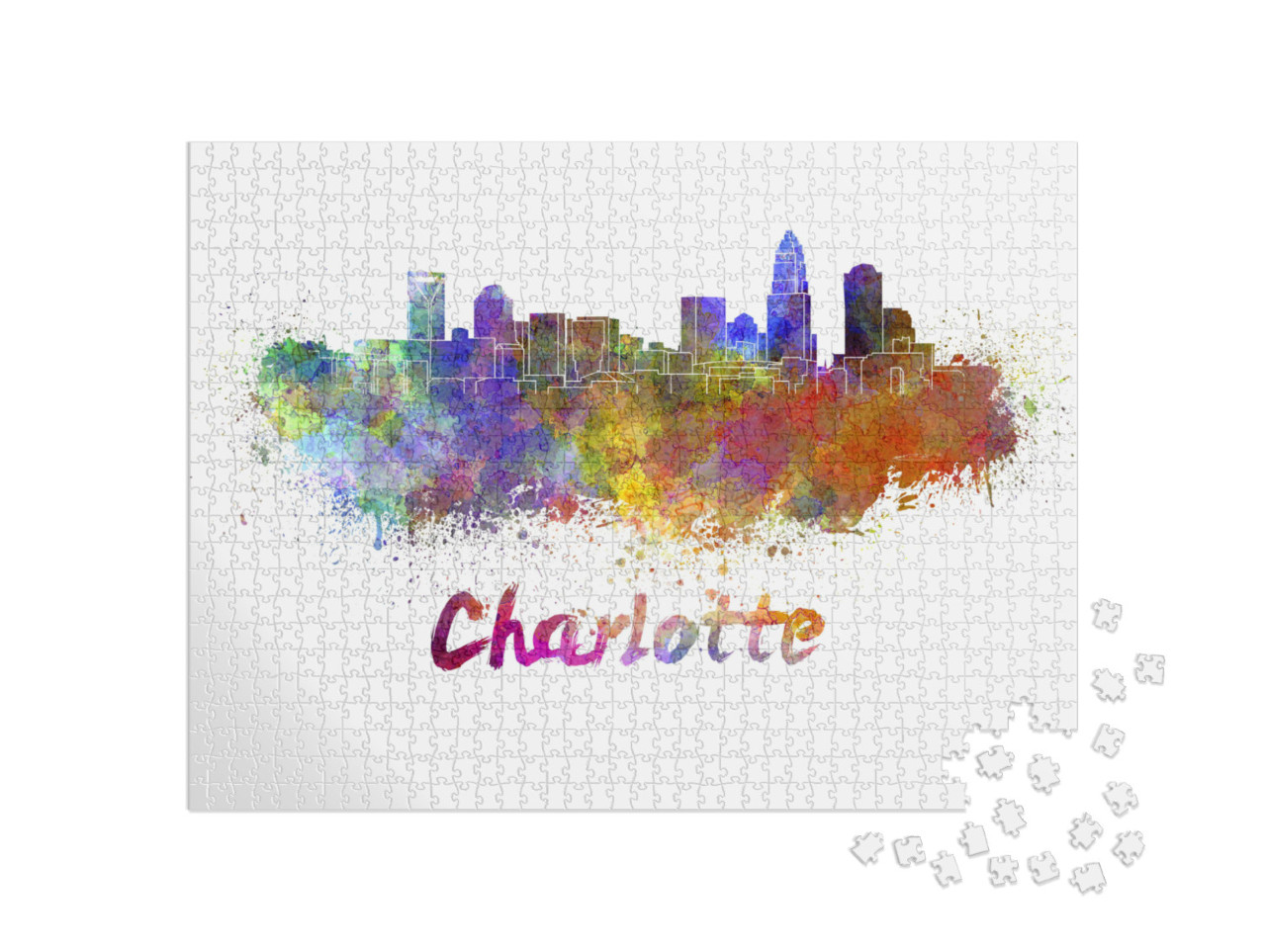 Charlotte Skyline in Watercolor Splatters with Clipping P... Jigsaw Puzzle with 1000 pieces