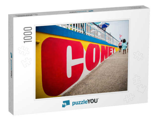 A Group of Women Walk Along the Coney Island Sign At Cone... Jigsaw Puzzle with 1000 pieces