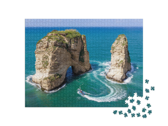 Rouche Rocks in Beirut, Lebanon in the Sea During Daytime... Jigsaw Puzzle with 1000 pieces