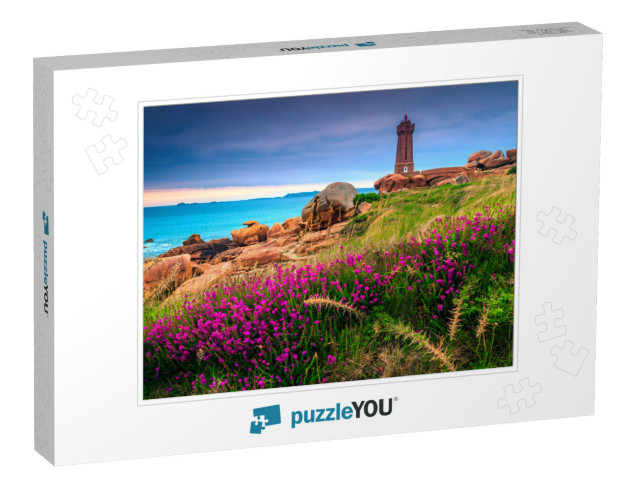 Beautiful Stone Lighthouse & Colorful Pink Flowers At Sun... Jigsaw Puzzle