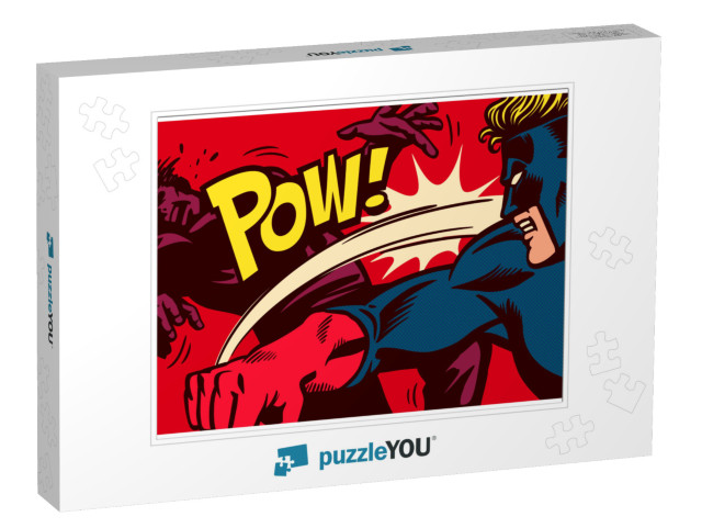 Pop Art Comic Book Style Panel with Superhero Fighting, T... Jigsaw Puzzle