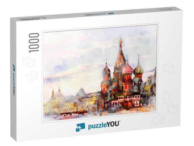 Water Color Painting of Moscow City Sunset, St. Basils Ca... Jigsaw Puzzle with 1000 pieces