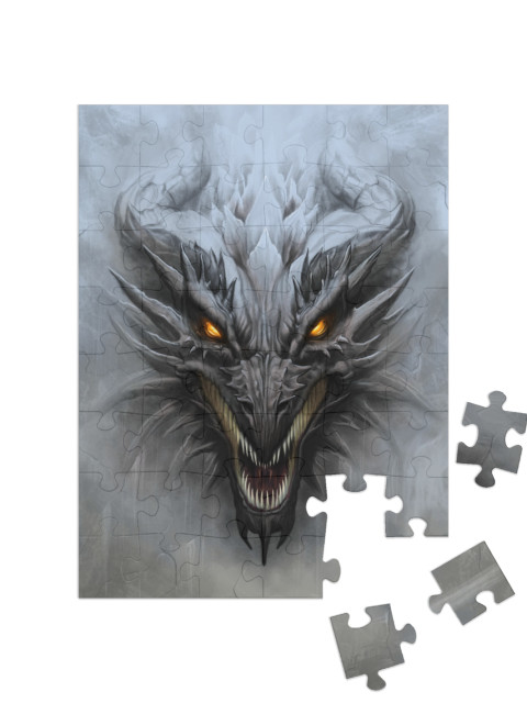 Dragon Head on the Gray Stone Background. Digital Paintin... Jigsaw Puzzle with 48 pieces