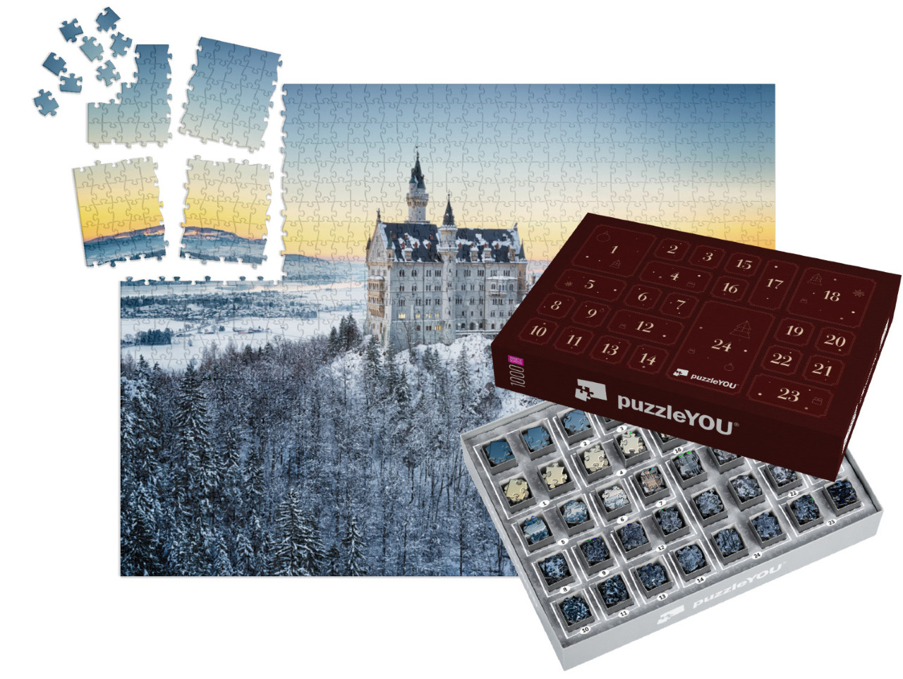 Neuschwanstein Castle At Sunset in Winter Landscape. Germ... | Jigsaw Puzzle Advent Calendar