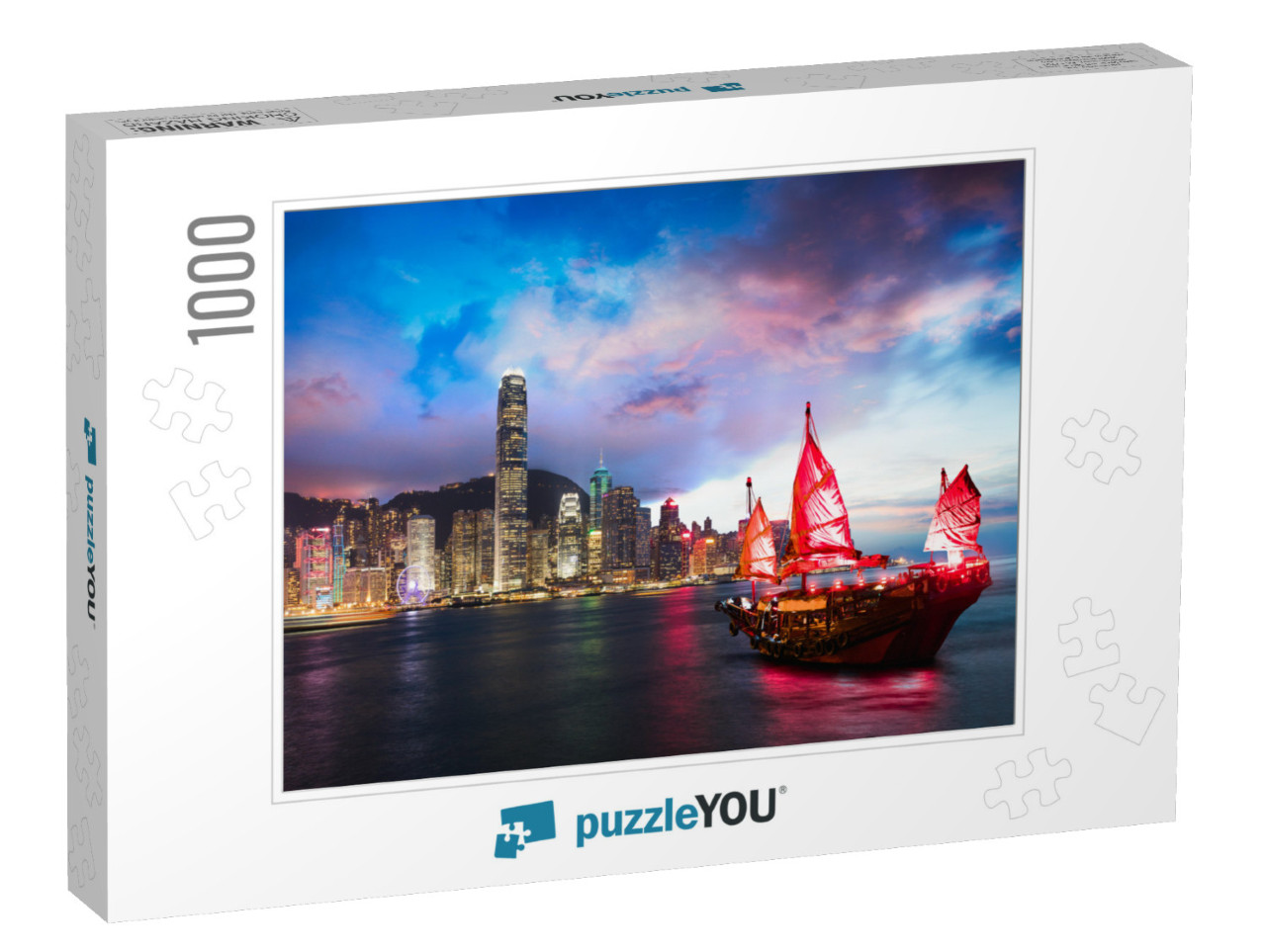 Victoria Harbor Hong Kong Night View with Junk Ship on Fo... Jigsaw Puzzle with 1000 pieces