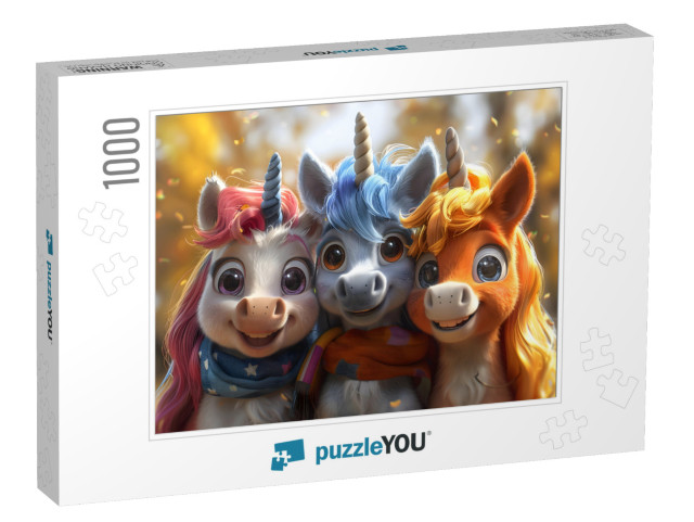 Smiling Rainbow Unicorn Friends Play in Glitter Jigsaw Puzzle with 1000 pieces