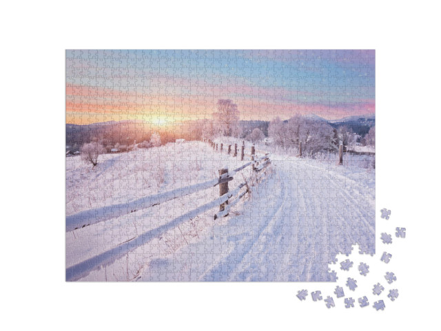 Winter Landscape. Winter Road & Trees Covered with Snow... Jigsaw Puzzle with 1000 pieces