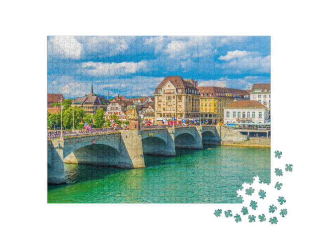 Riverside of Rhine in Basel with Mittlere Brucke, Switzer... Jigsaw Puzzle with 1000 pieces