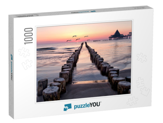 Sunrise with Seagulls on the Beach of Usedom, Baltic Sea... Jigsaw Puzzle with 1000 pieces