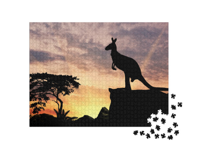 Silhouette of a Kangaroo on a Hill At Sunset... Jigsaw Puzzle with 1000 pieces