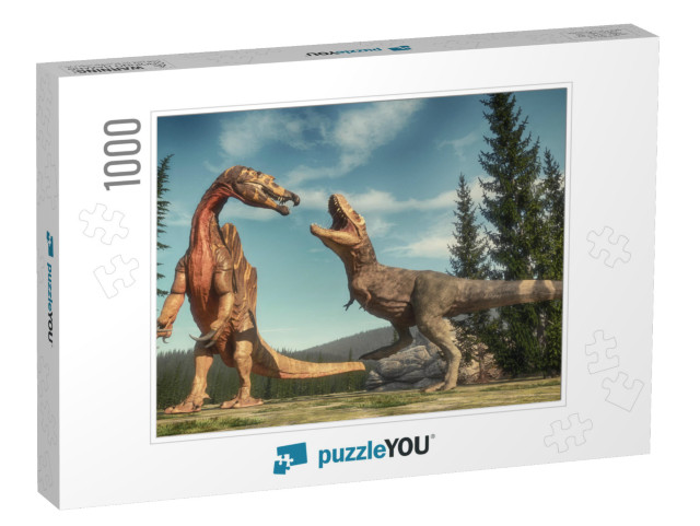 Fight Between Spinosaurus & T Rex on the Jurassic Valley... Jigsaw Puzzle with 1000 pieces