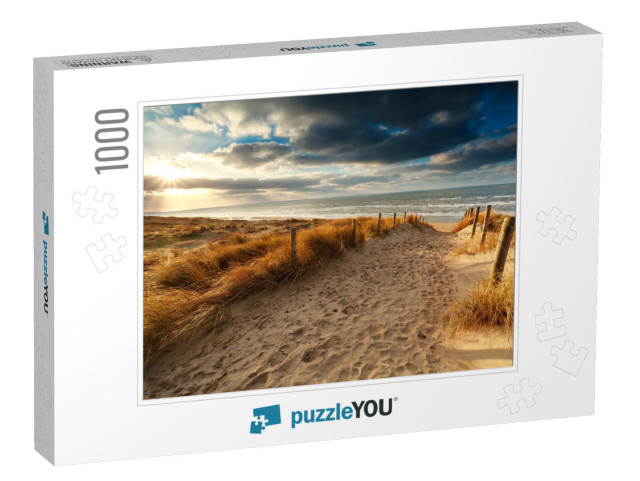 Sunset Over Sand Path to North Sea, Holland... Jigsaw Puzzle with 1000 pieces