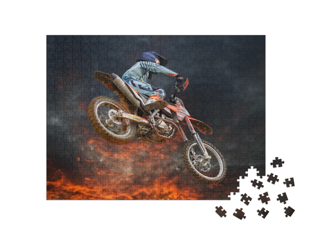 Jumping Motocross Rider with Firestorm in the Background... Jigsaw Puzzle with 500 pieces