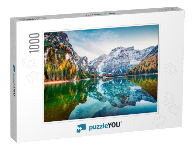 First Snow on Braies Lake. Colorful Autumn Landscape in I... Jigsaw Puzzle with 1000 pieces