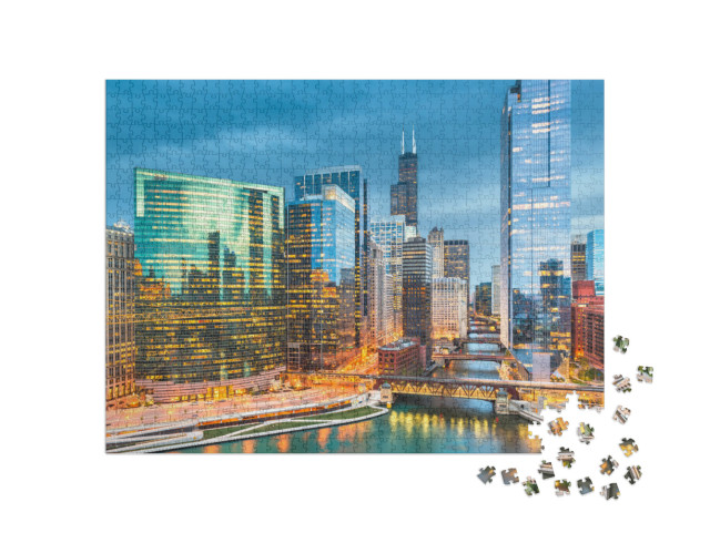 Chicago, Illinois USA Skyline Over the River At Twilight... Jigsaw Puzzle with 1000 pieces