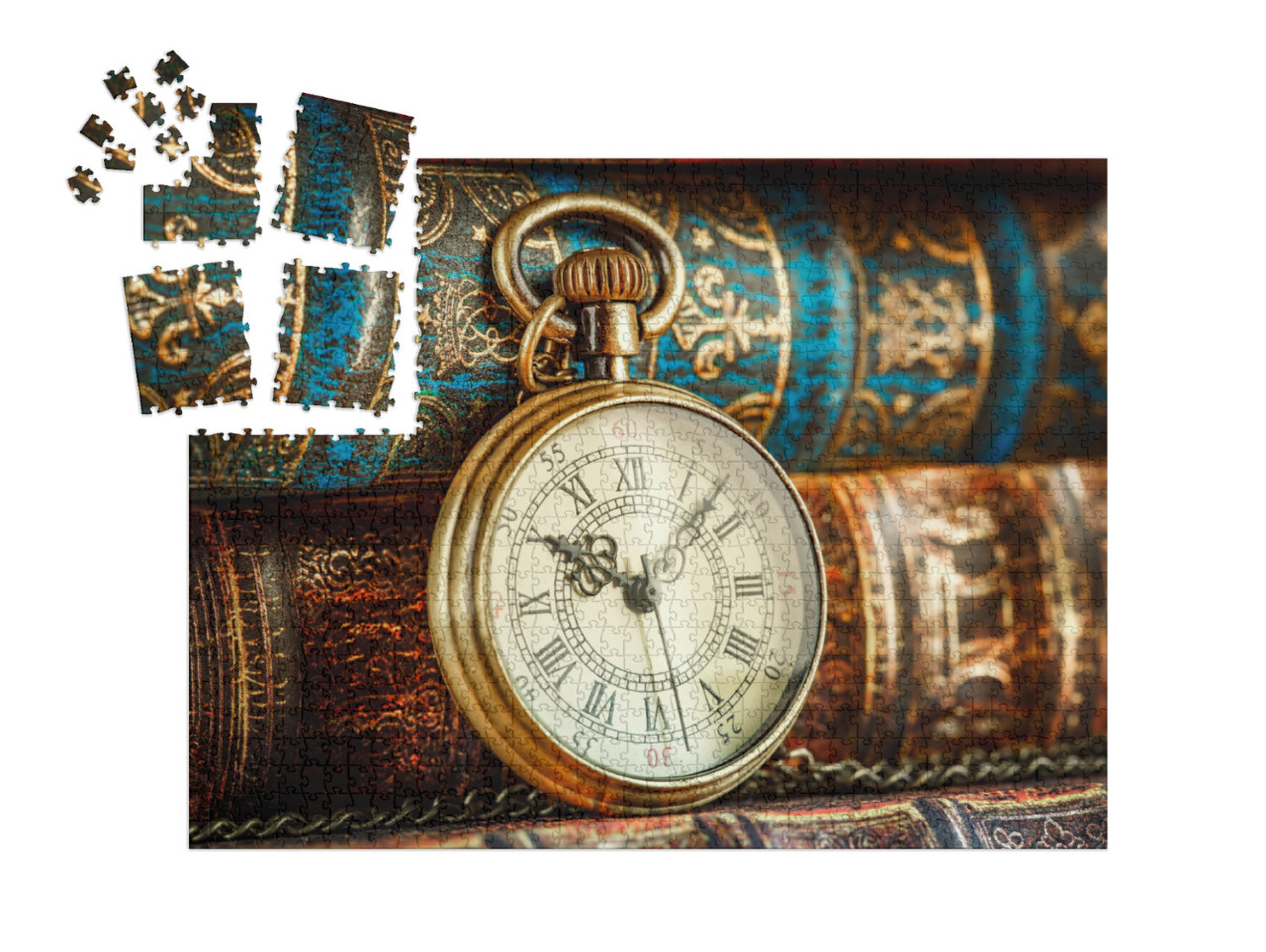 Vintage Antique Pocket Watch on the Background of Old Boo... | SMART SORTED® | Jigsaw Puzzle with 1000 pieces