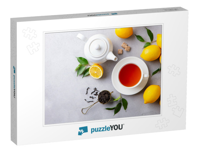 Tea Cup & Pot with Lemon. Grey Background. Copy Space. To... Jigsaw Puzzle