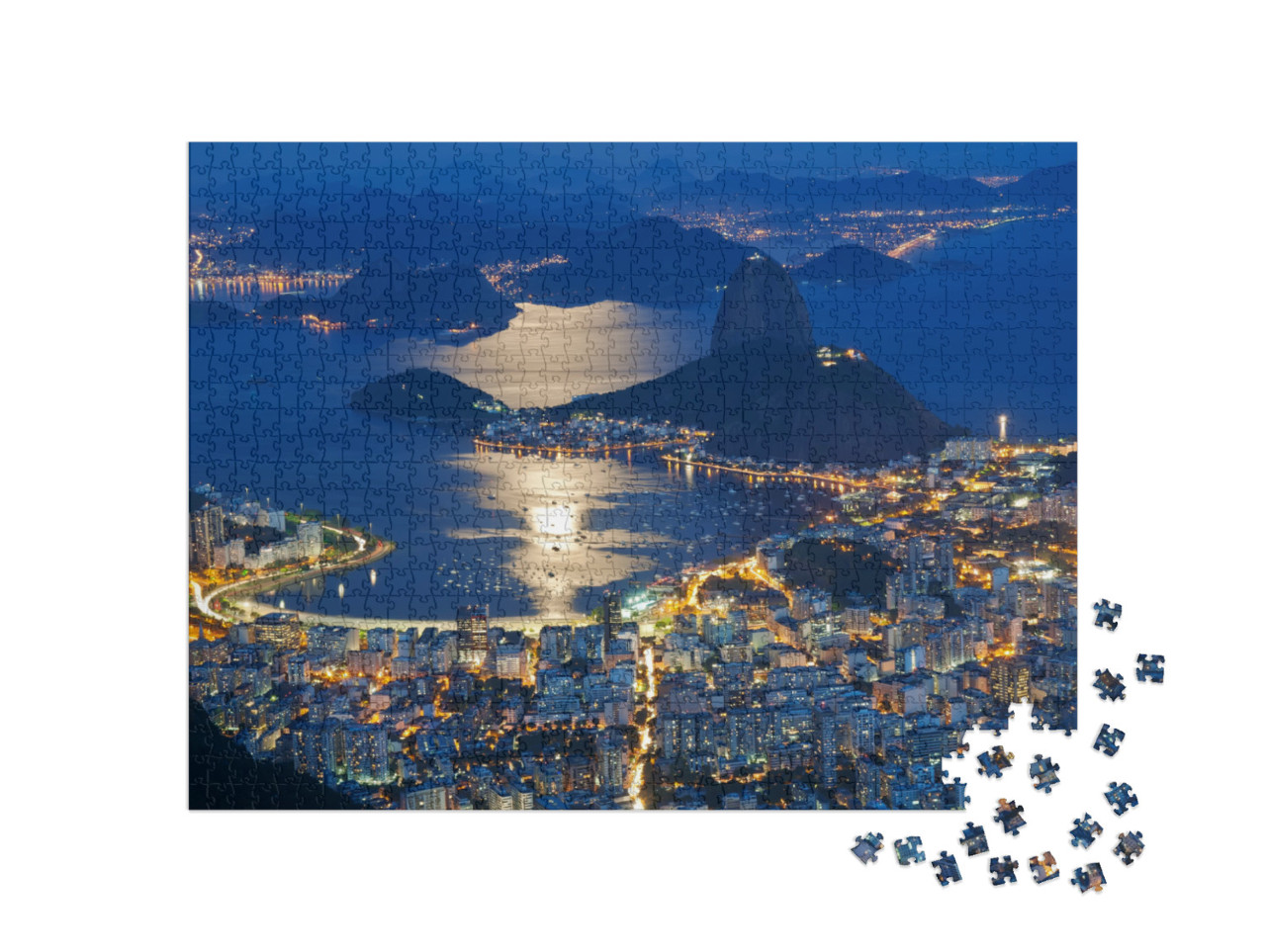 Night View of Mountain Sugar Loaf & Botafogo in Rio De Ja... Jigsaw Puzzle with 1000 pieces