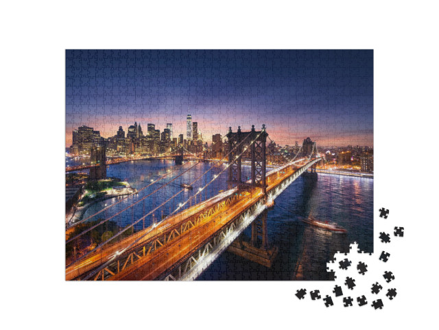 New York City - Beautiful Sunset Over Manhattan with Manh... Jigsaw Puzzle with 1000 pieces