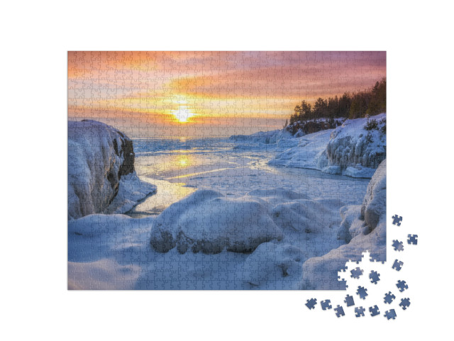 Frozen Lake Superior Sunrise At Presque Isle Park, Winter... Jigsaw Puzzle with 1000 pieces