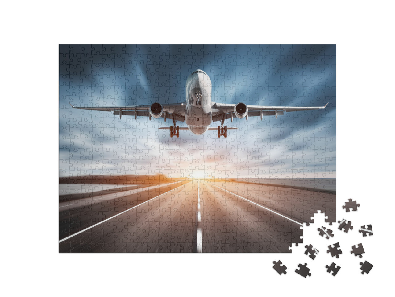 Airplane & Road with Motion Blur Effect At Sunset. Landsc... Jigsaw Puzzle with 500 pieces