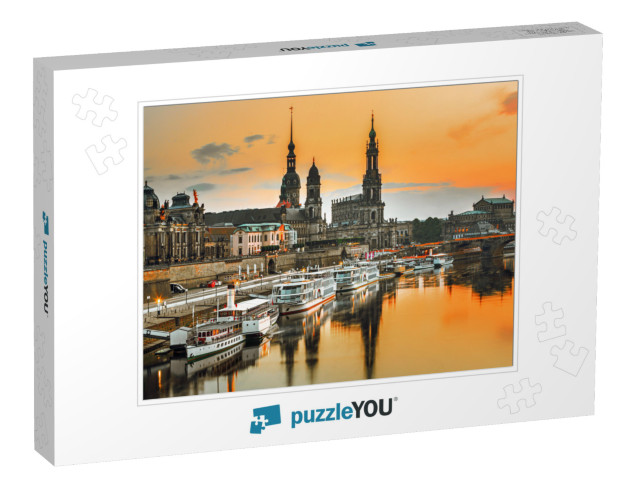 Dresden City Skyline At Elbe River & Augustus Bridge At S... Jigsaw Puzzle